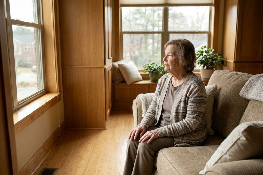 A senior sits on a sofa, looking out a window in a wood-paneled room with plants.
