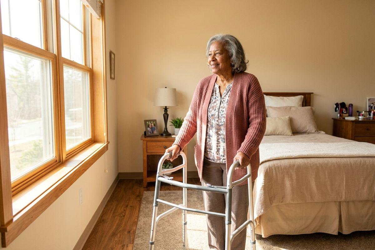 A senior uses a walker in a bedroom, smiling while looking toward a sunlit window.