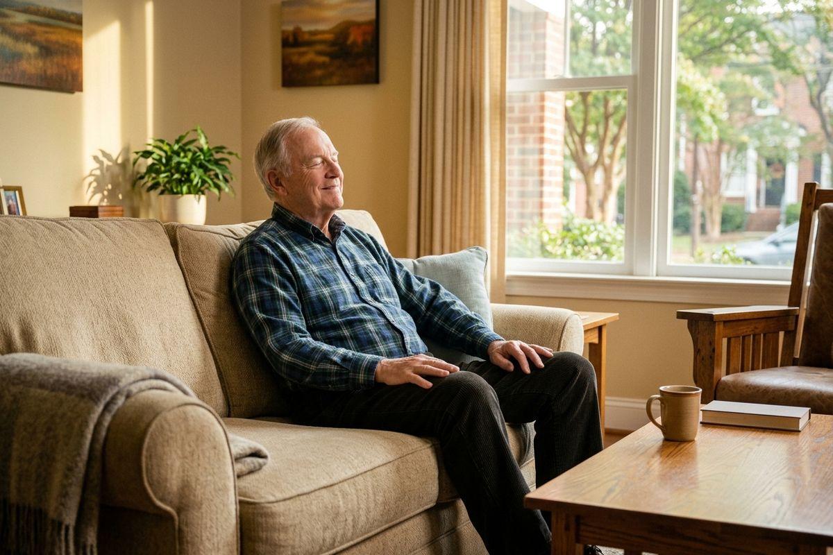 An older adult relaxes on a couch with eyes closed, smiling, near a sunlit window with a mug on the table.