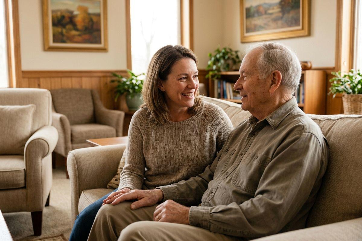 A woman smiles and holds hands with a senior while sitting together on a couch in a living room.