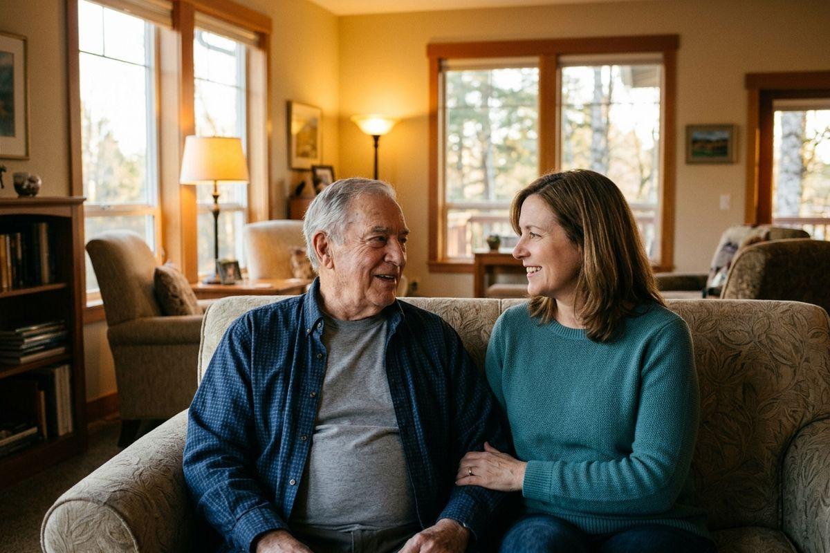 A senior and younger adult sit together on a couch, smiling at each other in a sunlit living room.