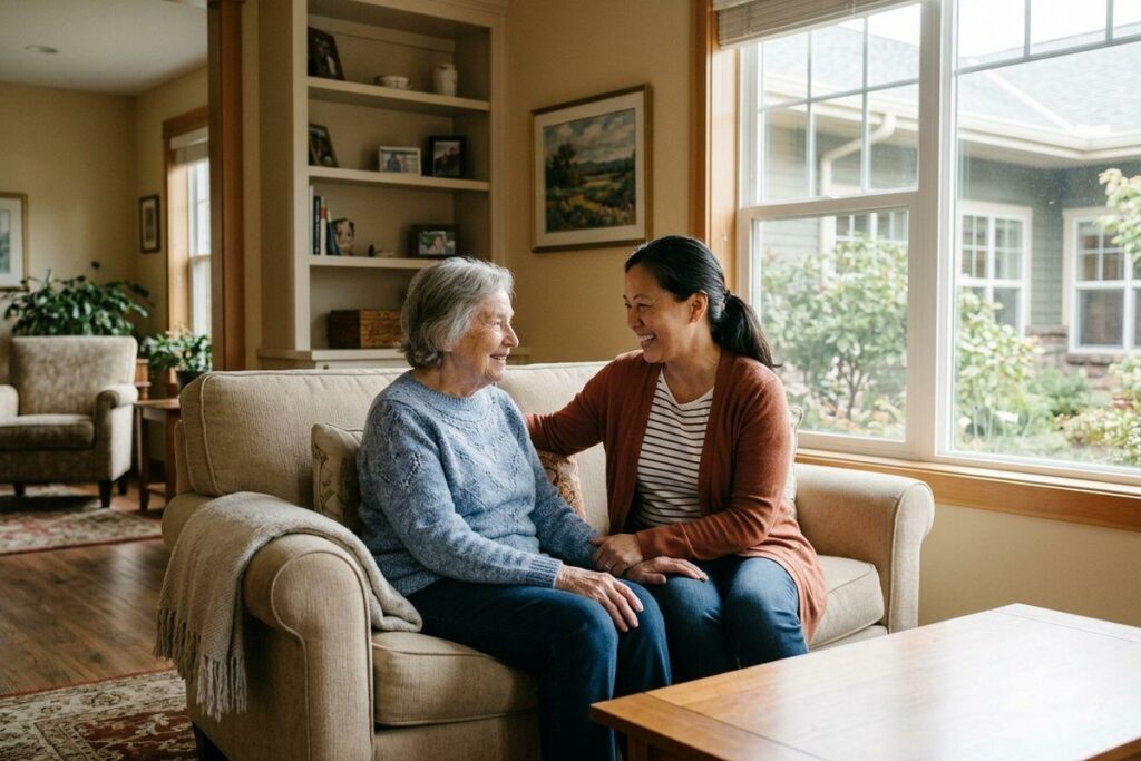 A family member sits with their older adult loved one on a sofa, holding hands and smiling at each other by a bright window in a community living room.