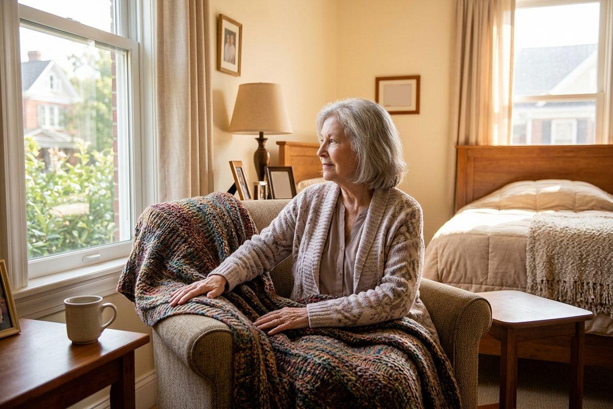 A senior with gray hair sits in an armchair with a knitted blanket, looking out a window in a sunlit bedroom.