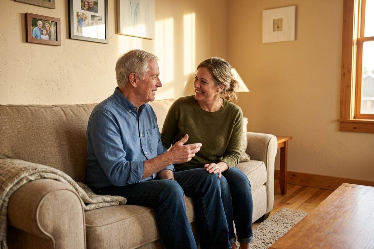 A senior and a younger woman sit talking on a couch in a living room, smiling at each other.