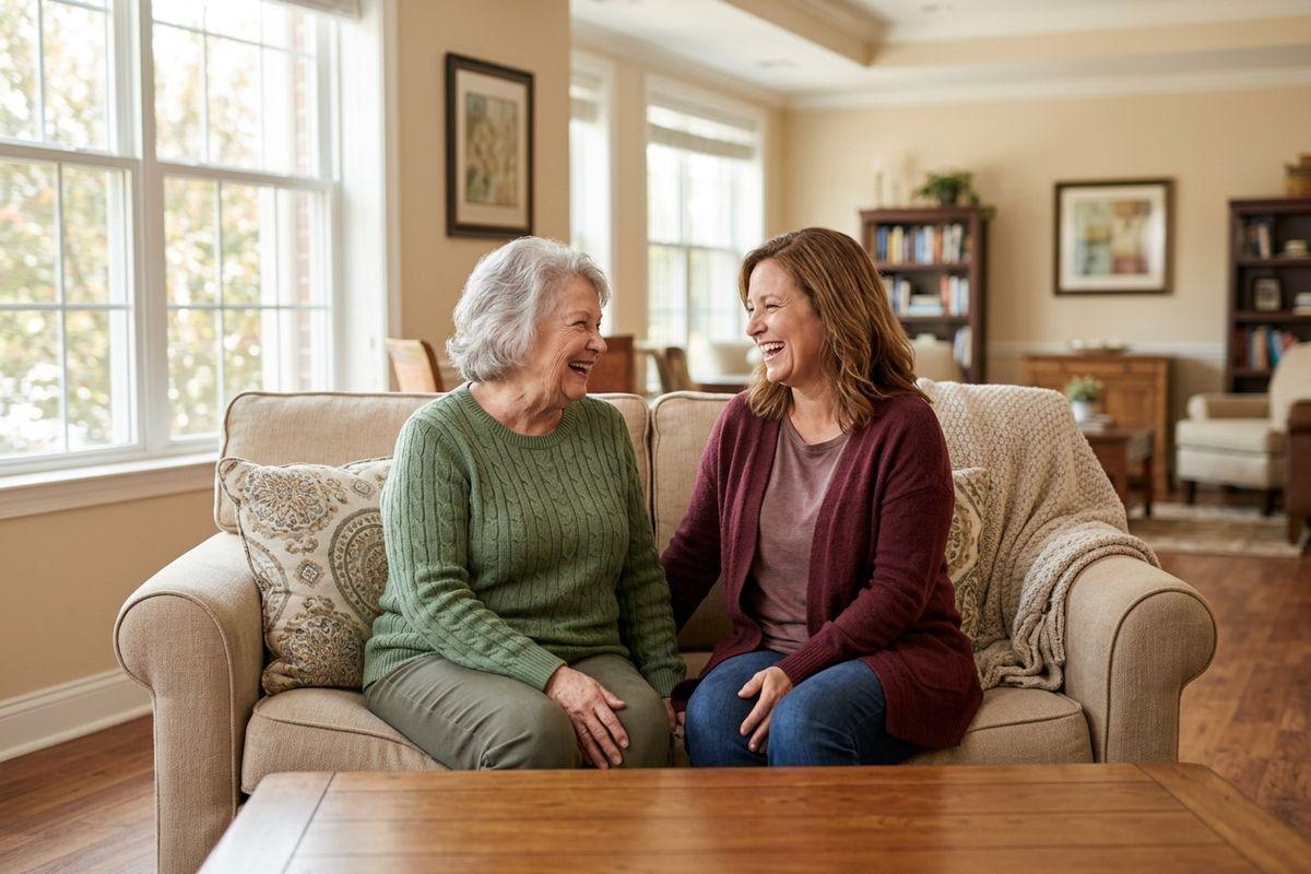 An older adult and their adult child sit together on a couch, laughing and facing each other in a living room in an assisted living apartment.