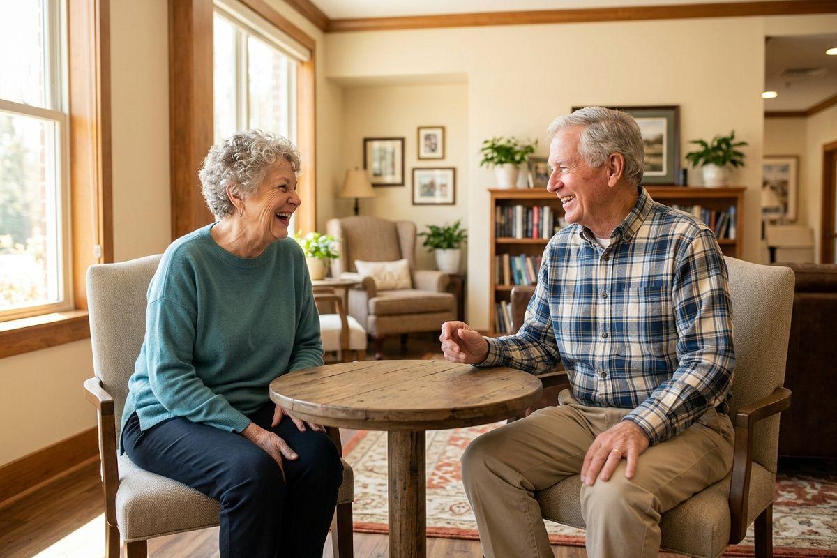Two older adults laughing together, seated in armchairs at a small round table in a cozy living room in their new home in assisted living.